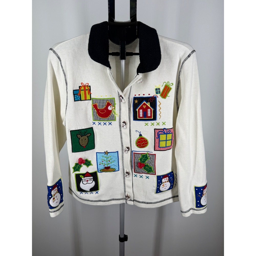 Sport‎ Elle Christmas Cardigan Sweater Cream Holiday Patchwork Snowman Button L